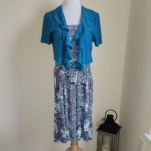 R&M Richards Teal & Black Print Dress with Ruffle Bolero and Belt